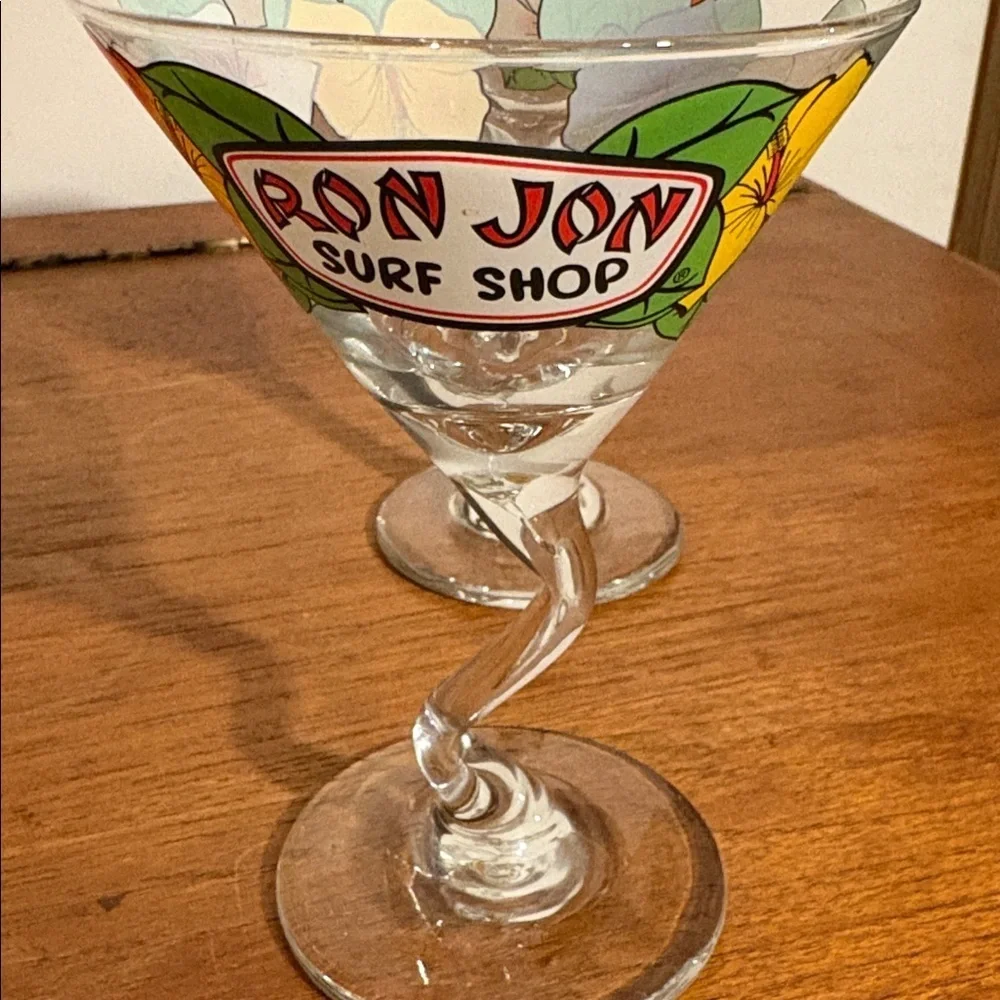 Y2K Era Ron Jon Surf Shop Retro Bent Stem Martini Glass 2 Matching Hibiscus Cute